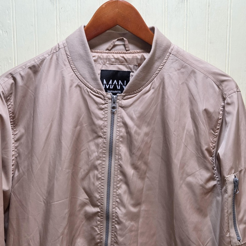 BoohooMAN Jacket‎ Mens Medium Beige Bomber Full Zip Lightweight Pockets Lined